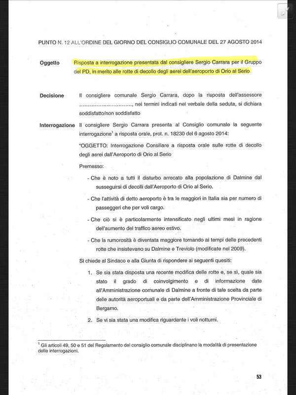 Punto 12 (ultimo): interrogazione di Carrara (PD) sulle rotte degli aerei decollati da Orio #opendalmine http://t.co/JDCm24htv9